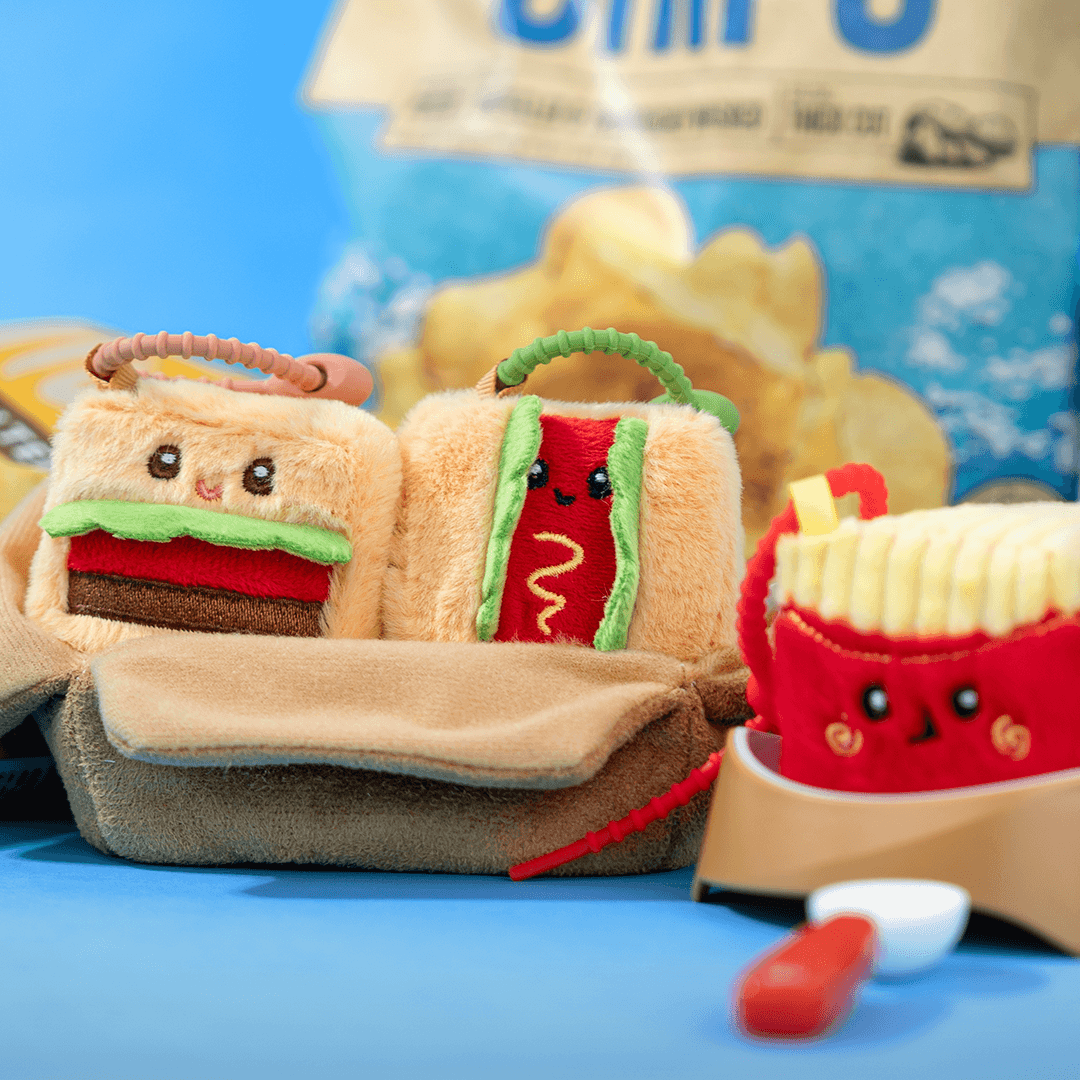 SquarePals Mini Convenience Store opening plush snacks including a burger, hot dog, and fries in a fun display.