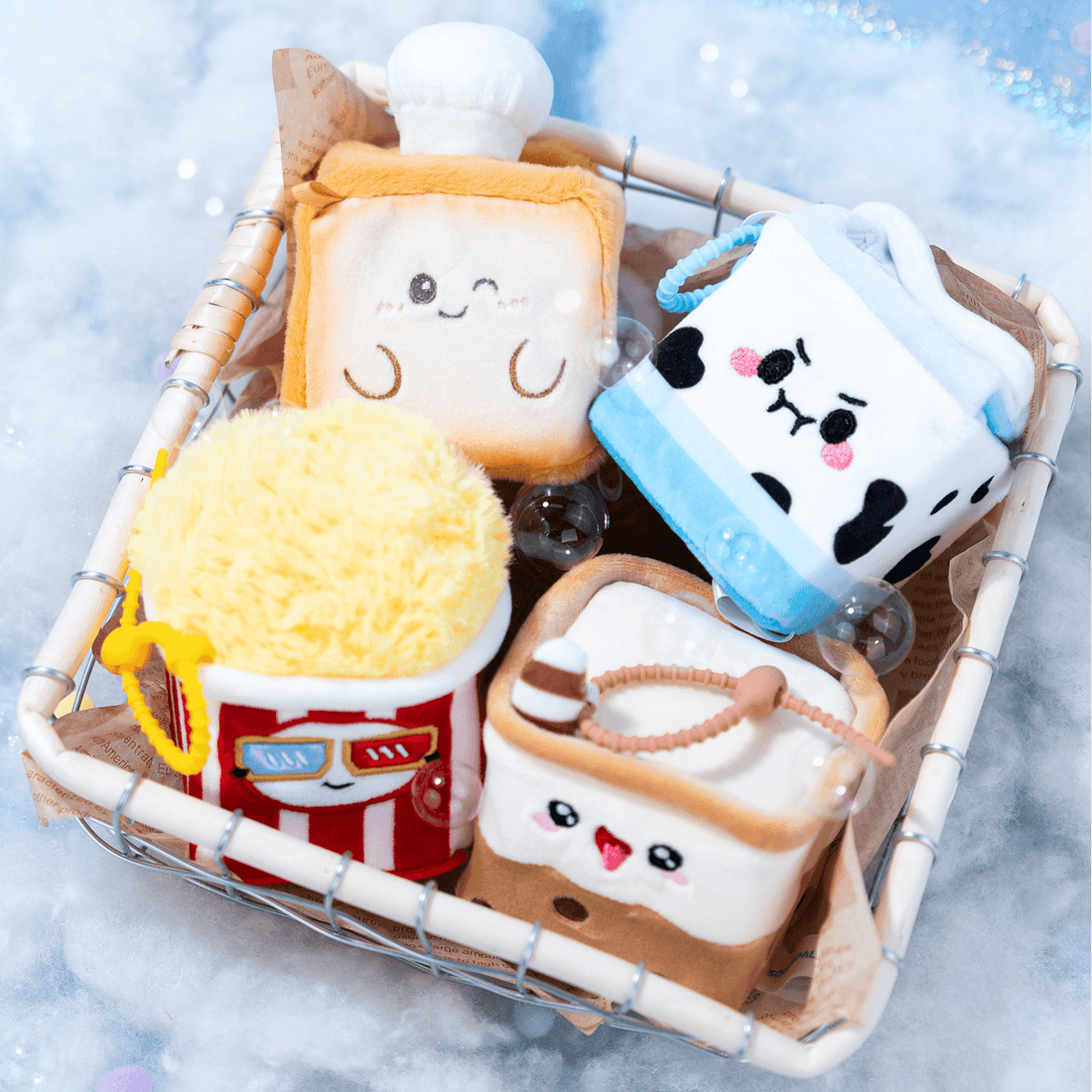 Squarepals toy collection debut featuring cute, squishy food-themed plush toys in a basket.