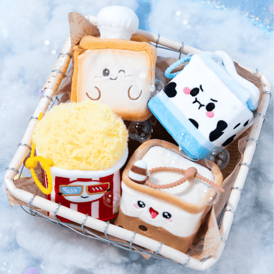 Squarepals toy collection debut featuring cute, squishy food-themed plush toys in a basket.