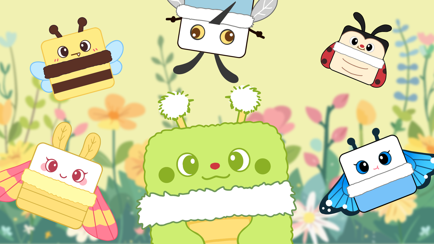 Kawaii insect plush toys featuring a ladybug, bee, and caterpillar in a natural setting.