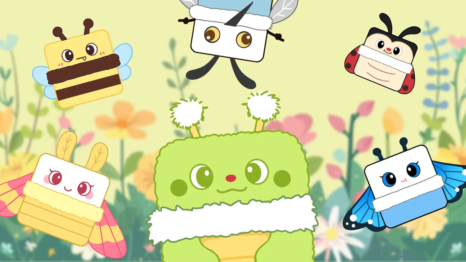 Kawaii insect plush toys featuring a ladybug, bee, and caterpillar in a natural setting.