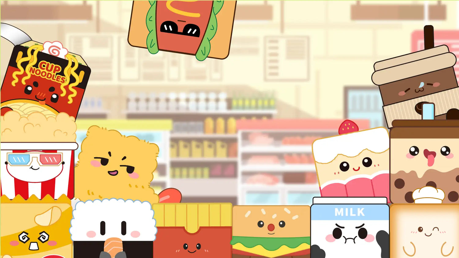 Cute kawaii collectible snacks plush toys showcasing milk and dessert designs on a wooden surface.