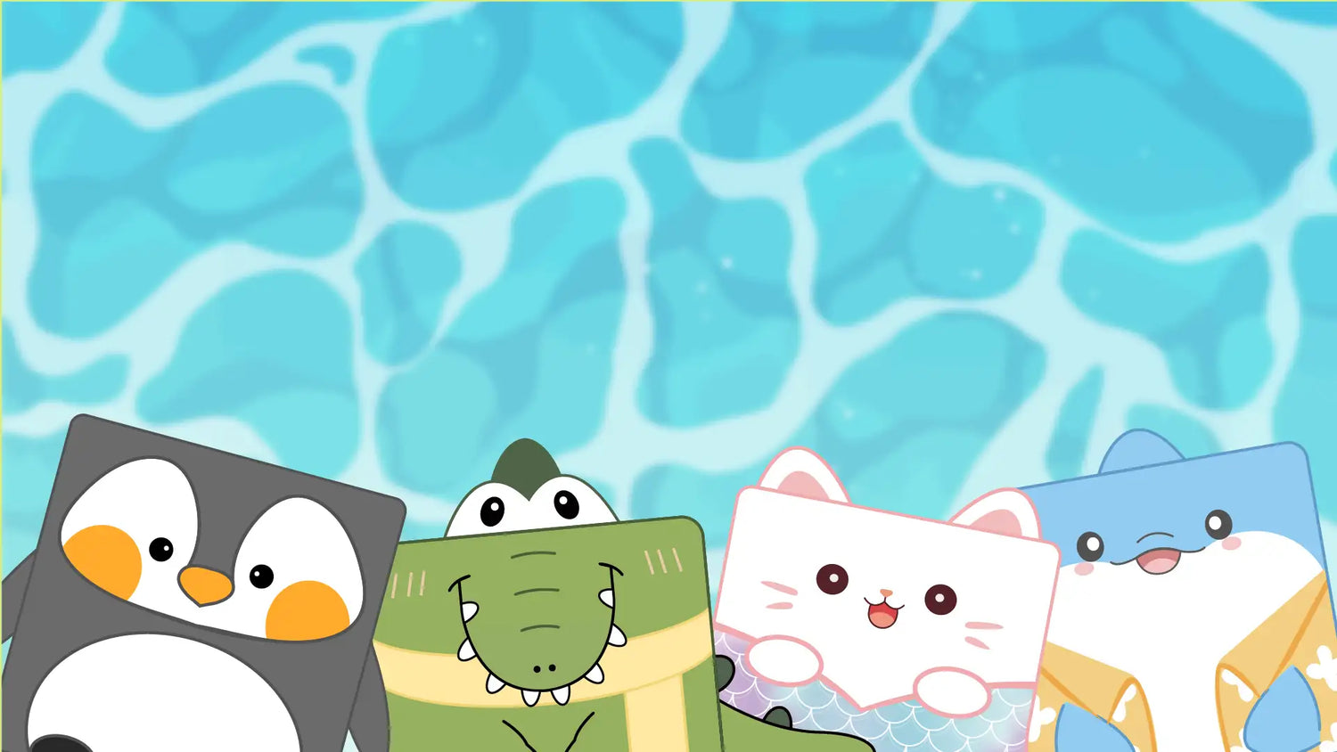 Adorable ocean-themed plush collectibles featuring a penguin, whale, and crocodile on an underwater backdrop.