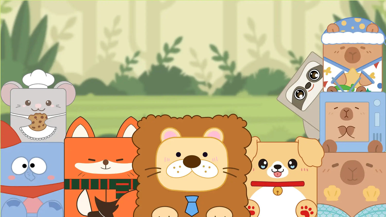 Three adorable animal companions plush toys displayed on a wooden stump in a forest setting.