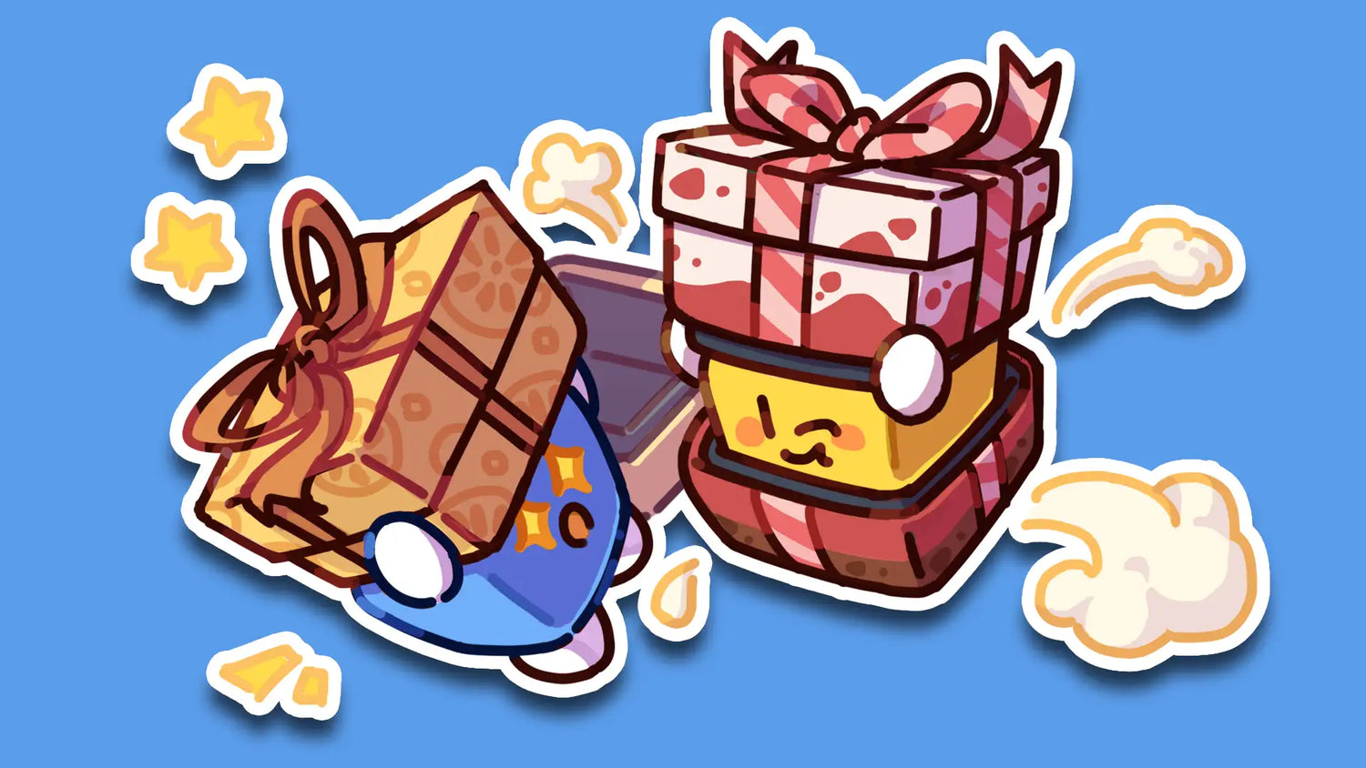 Cute Squarepals characters carrying gifts, showcasing trending Squarepals collectibles in a playful design.