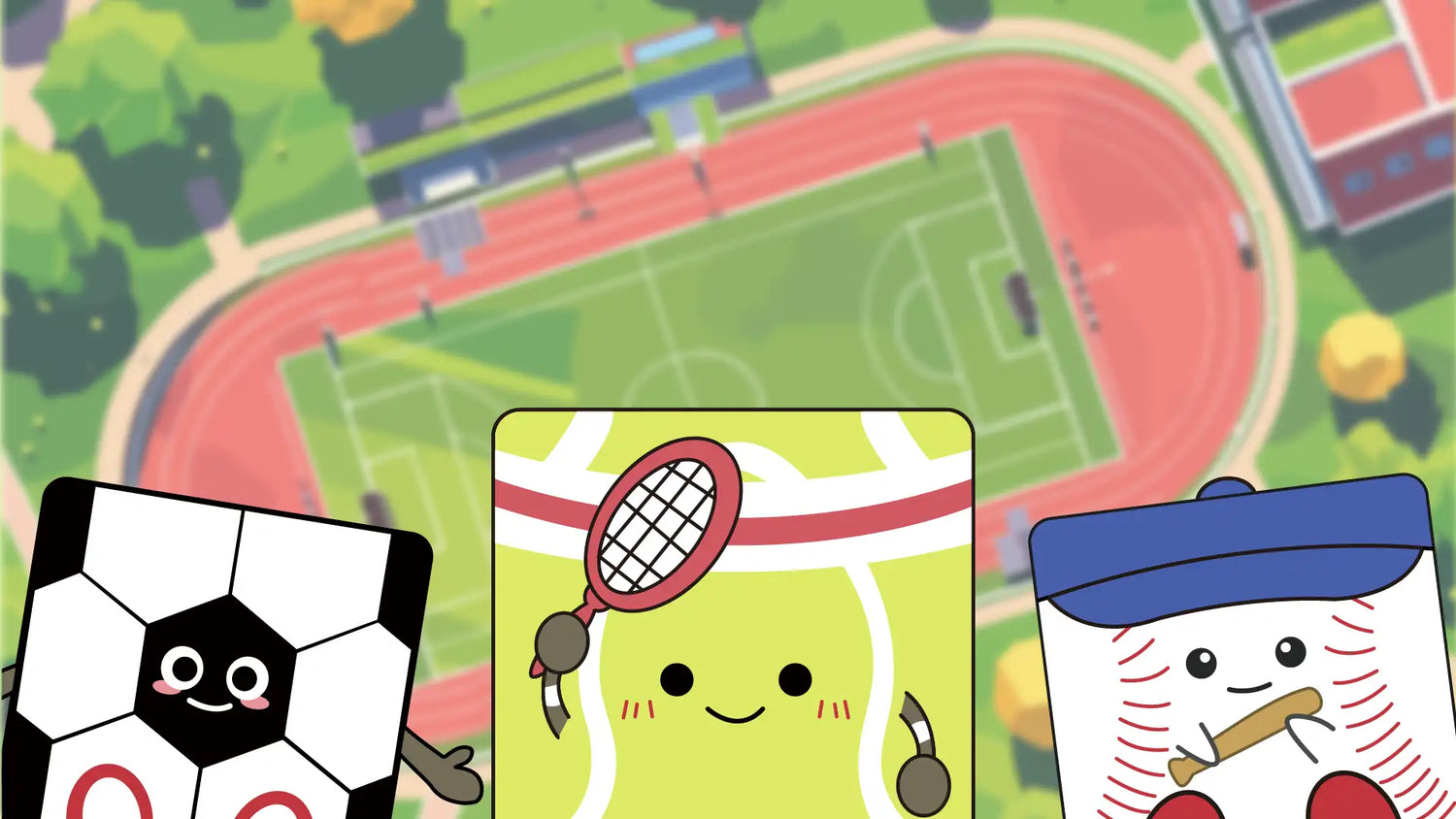 Sport-themed plush collectibles featuring a soccer ball, baseball, and tennis racket in a vibrant outdoor setting.
